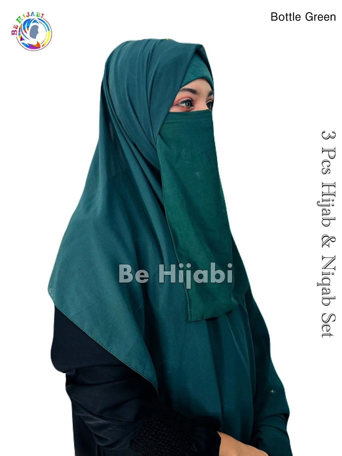 3 Pcs Hijab & Niqab Set Color Bottle Green