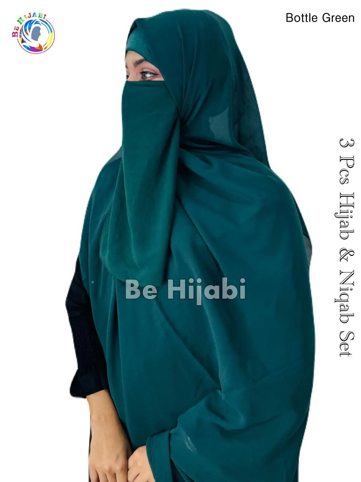 3 Pcs Hijab & Niqab Set Color Bottle Green