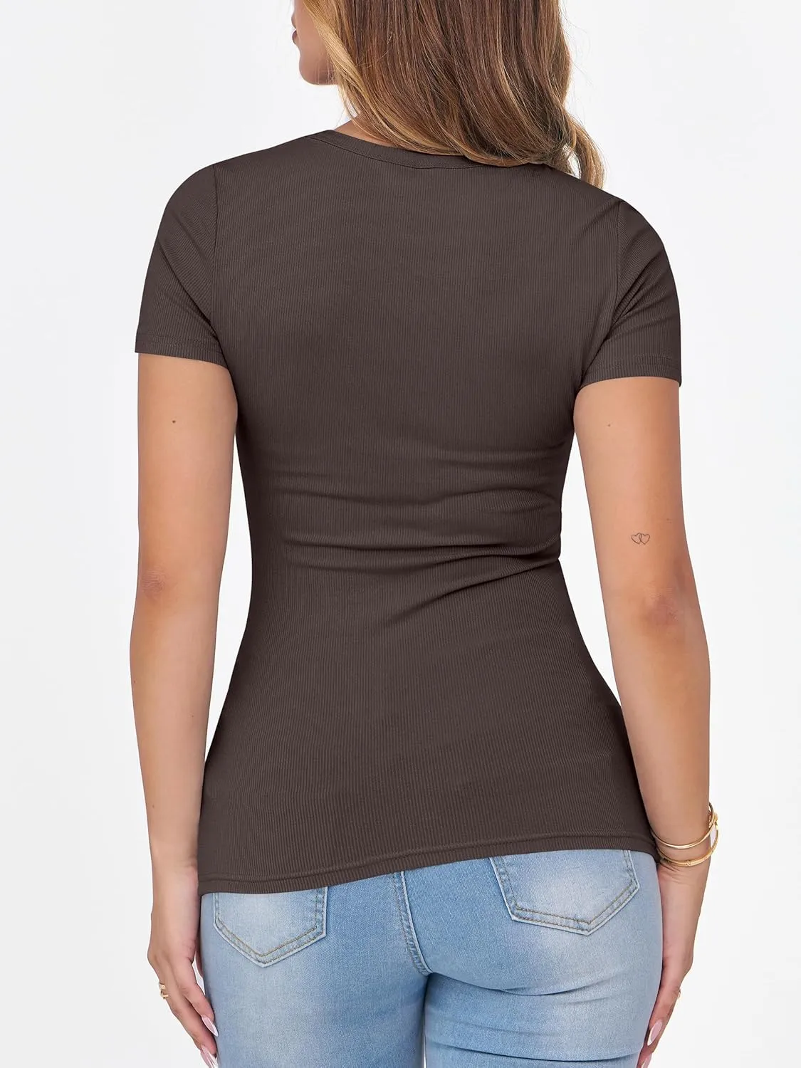 ANRABESS Women Short Sleeve Crewneck Ribbed Knit Slim Fitted Shirts Summer Tops Basic Tee T-Shirt Casual Spring 2025 Clothes