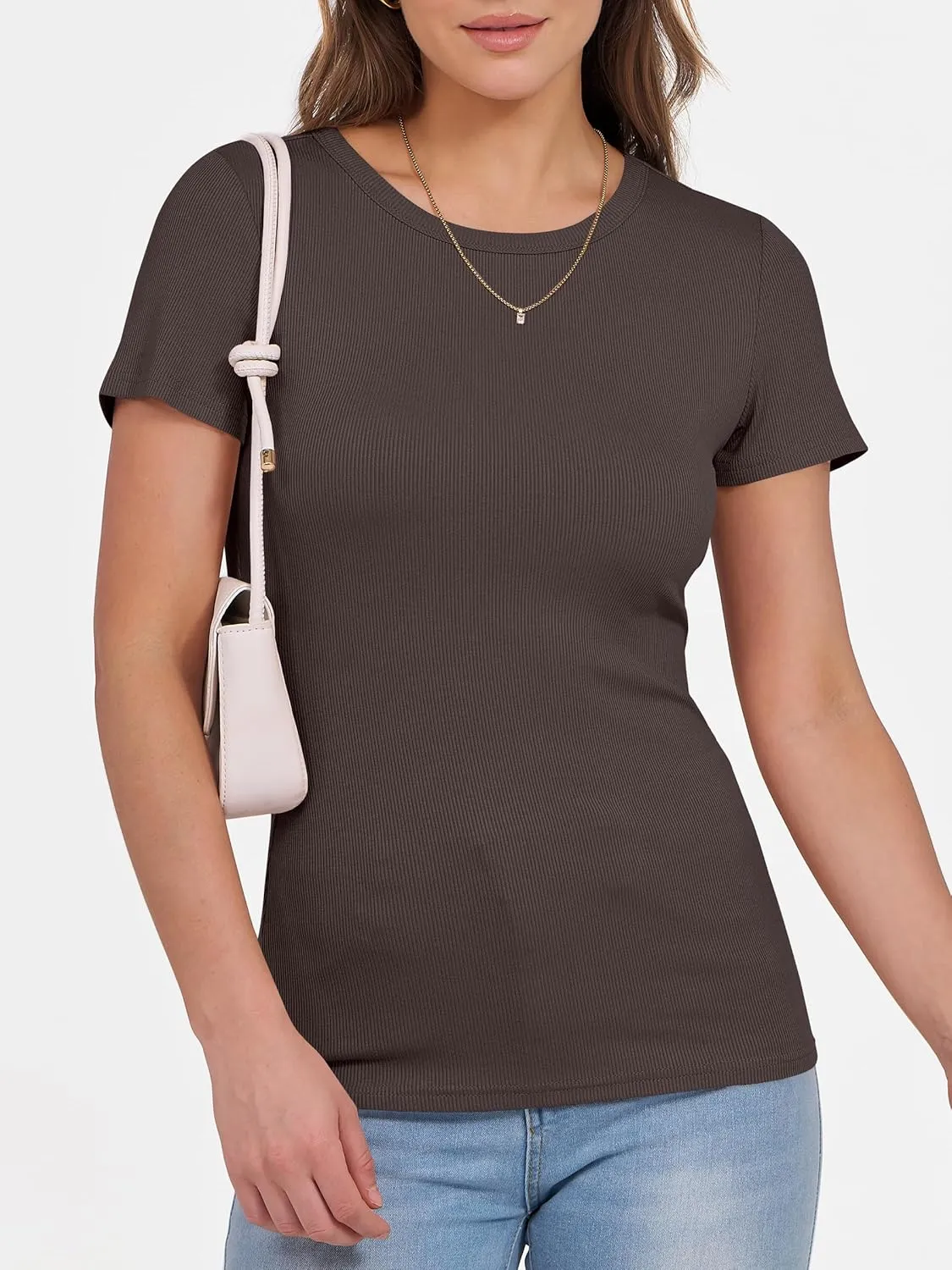 ANRABESS Women Short Sleeve Crewneck Ribbed Knit Slim Fitted Shirts Summer Tops Basic Tee T-Shirt Casual Spring 2025 Clothes