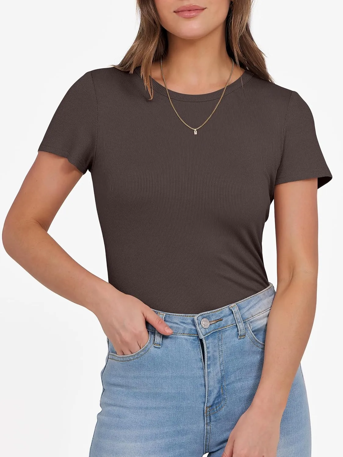 ANRABESS Women Short Sleeve Crewneck Ribbed Knit Slim Fitted Shirts Summer Tops Basic Tee T-Shirt Casual Spring 2025 Clothes