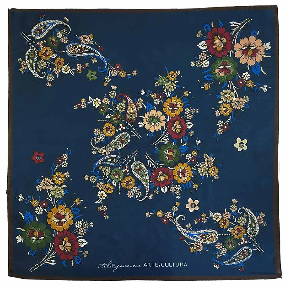 Blue printed macro floral & paisley silk neckerchief
