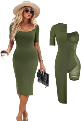 Built-in Removable Shapewear Bra Pad Bodycon Midi Dress Knitted Ribbed Square Neck Short Sleeve Basic Party Dresses