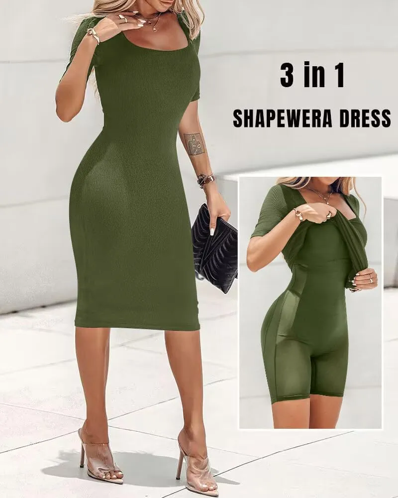 Built-in Removable Shapewear Bra Pad Bodycon Midi Dress Knitted Ribbed Square Neck Short Sleeve Basic Party Dresses