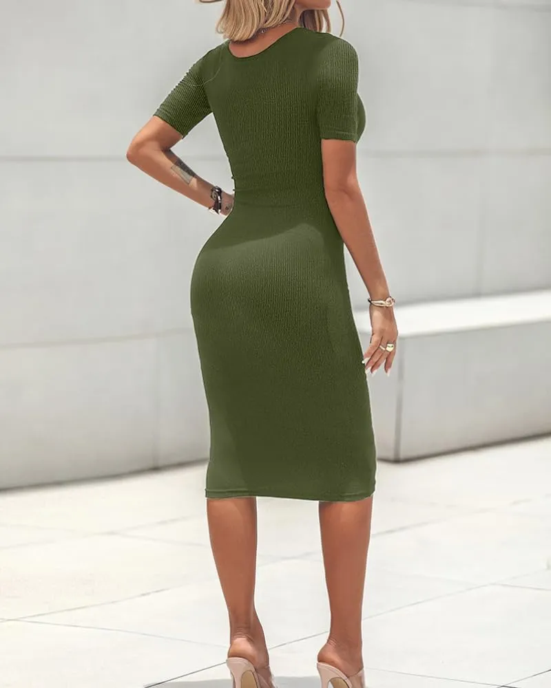 Built-in Removable Shapewear Bra Pad Bodycon Midi Dress Knitted Ribbed Square Neck Short Sleeve Basic Party Dresses