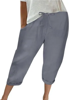 Capri Pants for Women Casual Summer Drawstring Elastic High Waist Linen Pants Baggy Straight Leg Cropped Trousers