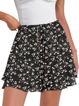 Caracilia Skorts for Women Boho Casual Beach Mini Skirts Summer Floral Ruffle Chiffon Flowy Shorts 2025 Trendy Outfits