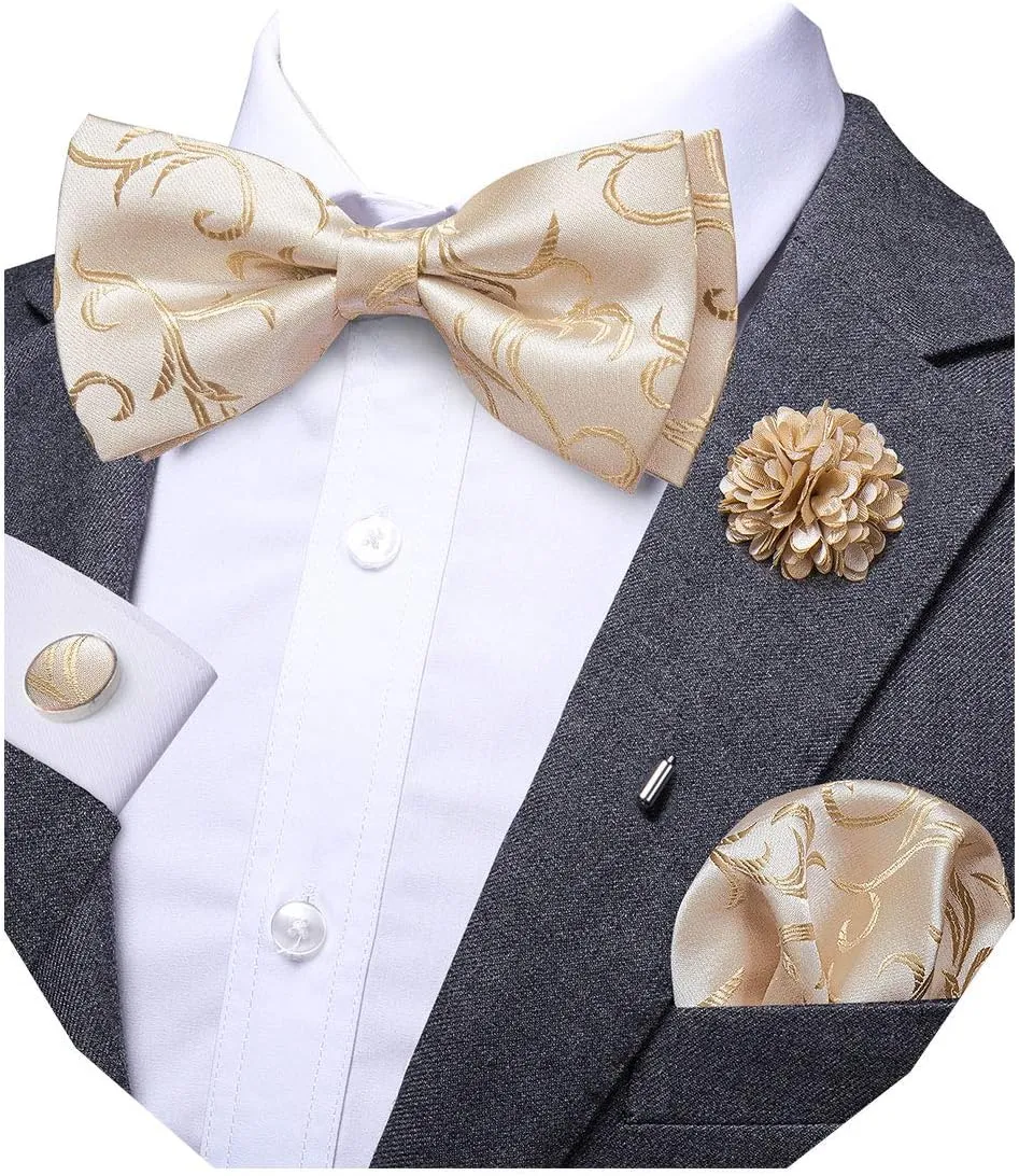 Dubulle Bowtie for Men Paisley Floral Mens Pretied Bowtie and Lapel Pin Set Pocket Square Cufflinks Wedding