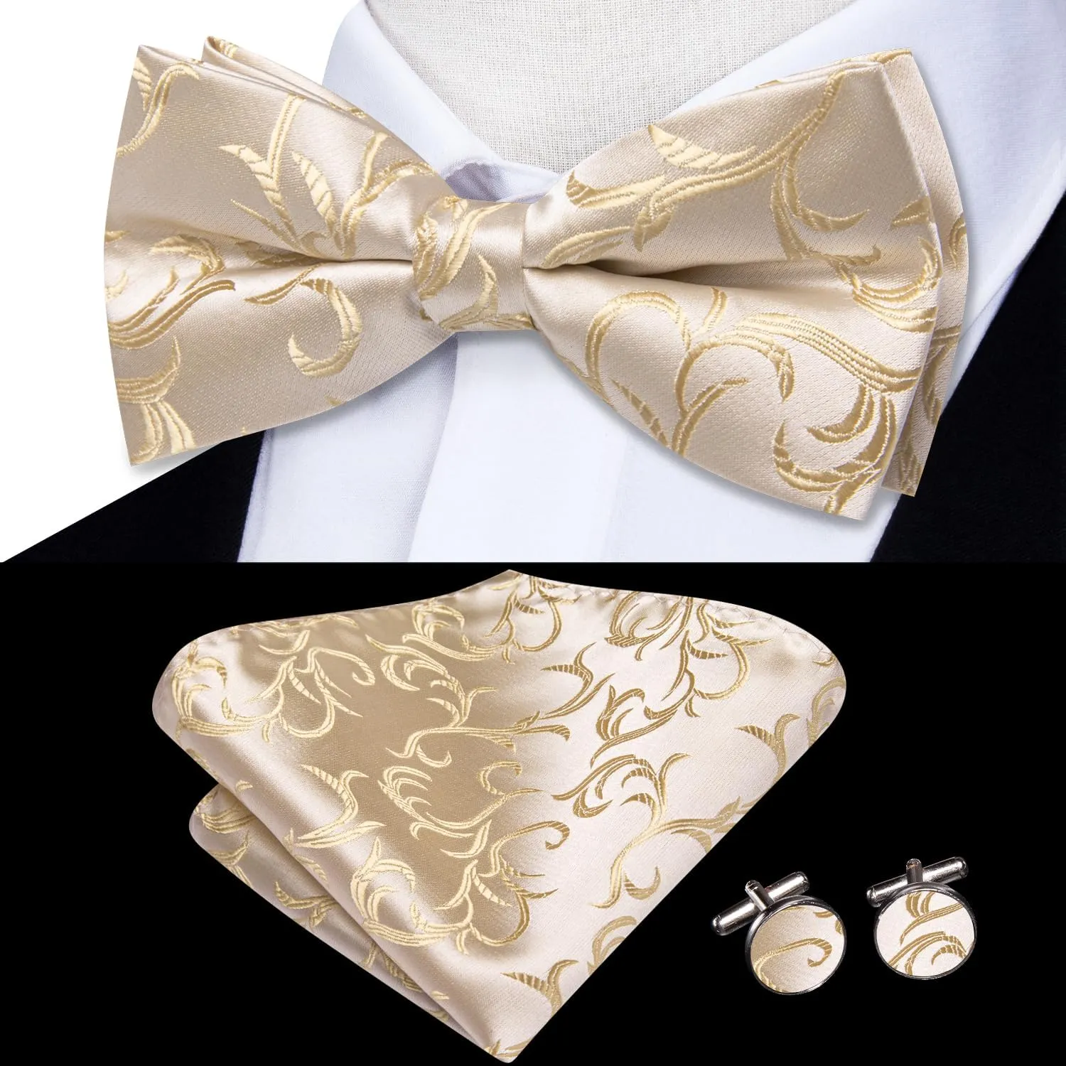Dubulle Bowtie for Men Paisley Floral Mens Pretied Bowtie and Lapel Pin Set Pocket Square Cufflinks Wedding