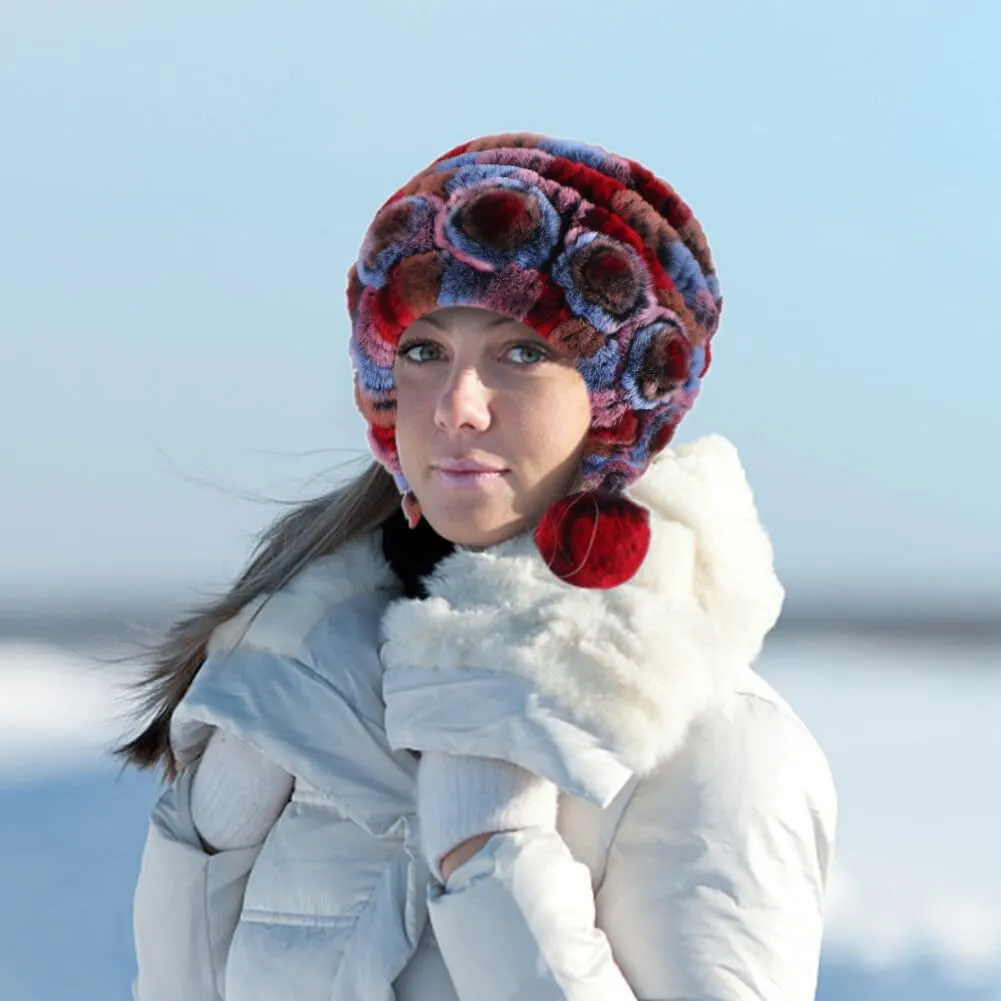 Eforcase Women Beanie Hats Winter Fluffy Knit Beanie Hats Winter Warm Ear Cover Faux Fur Knit Crochet Skull Cap with Pompom