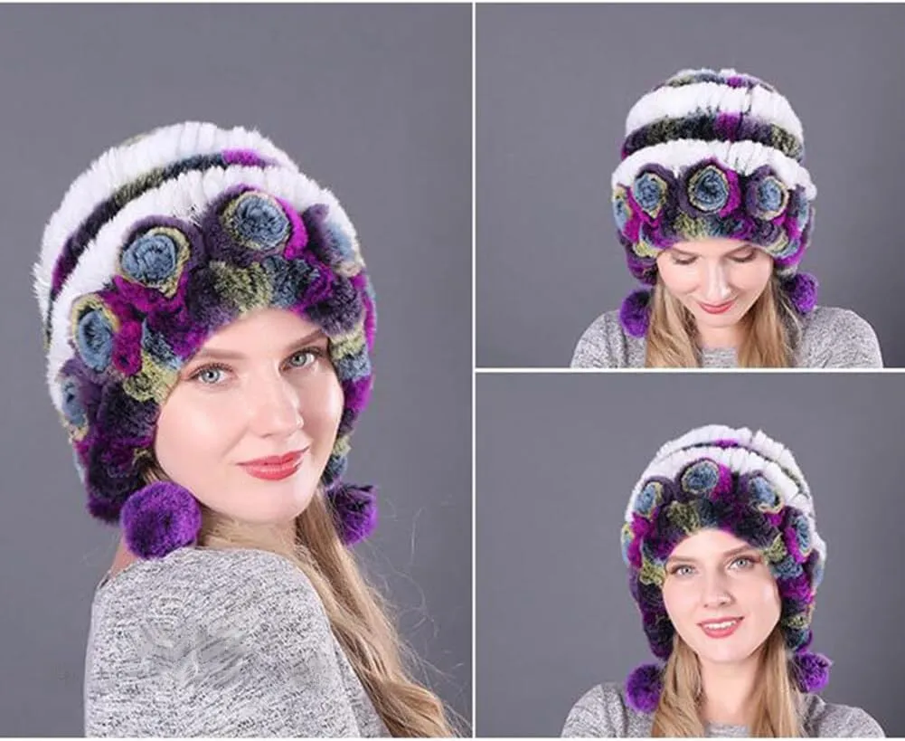 Eforcase Women Beanie Hats Winter Fluffy Knit Beanie Hats Winter Warm Ear Cover Faux Fur Knit Crochet Skull Cap with Pompom
