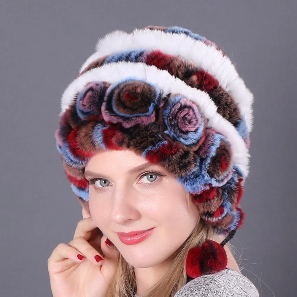 Eforcase Women Beanie Hats Winter Fluffy Knit Beanie Hats Winter Warm Ear Cover Faux Fur Knit Crochet Skull Cap with Pompom