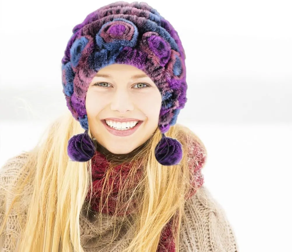 Eforcase Women Beanie Hats Winter Fluffy Knit Beanie Hats Winter Warm Ear Cover Faux Fur Knit Crochet Skull Cap with Pompom