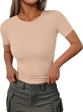 Ekouaer Women Short Sleeve Shirts Lightweight Thermal Tops Ribbed Knitted Outfit Tees Soft Crew Neck Undershirt Basic Clothes