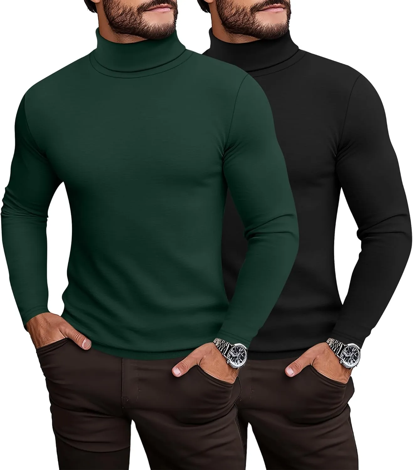 Ficerd 2 Pack Men's Turtle Neck Shirts, Lightweight Cotton Pullover Sweater Slim Fit Mock Turtleneck Knitted Long Sleeve Tops