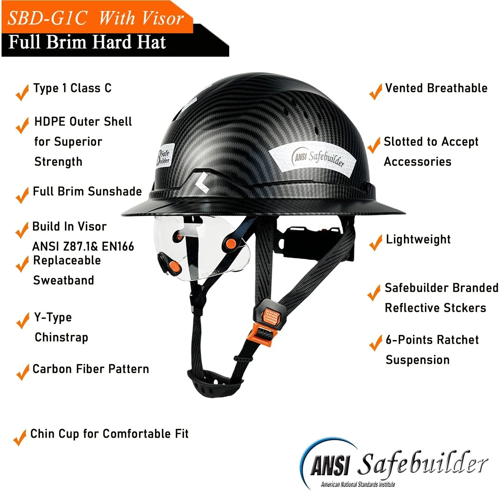 Full Brim Hard Hat With Visor For Engineer Construction
