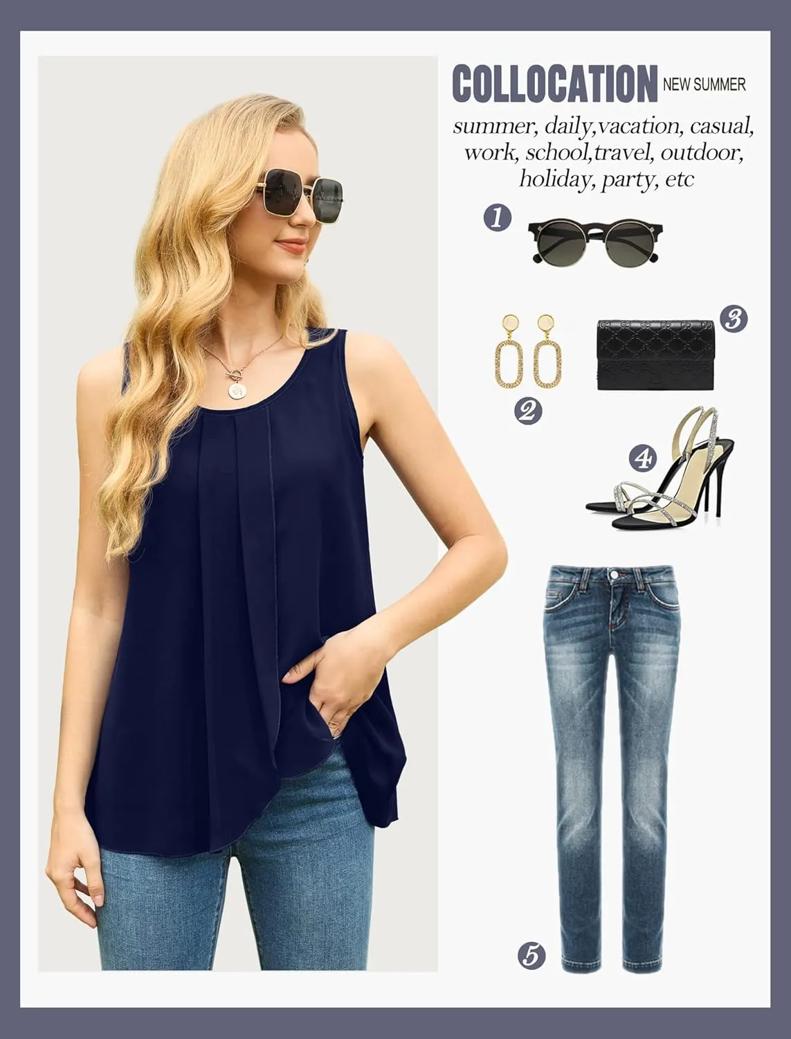 IWOLLENCE Womens Summer Tank Tops Sleeveless Chiffon Double Layers Blouse Loose Round Neck Casual Shirts