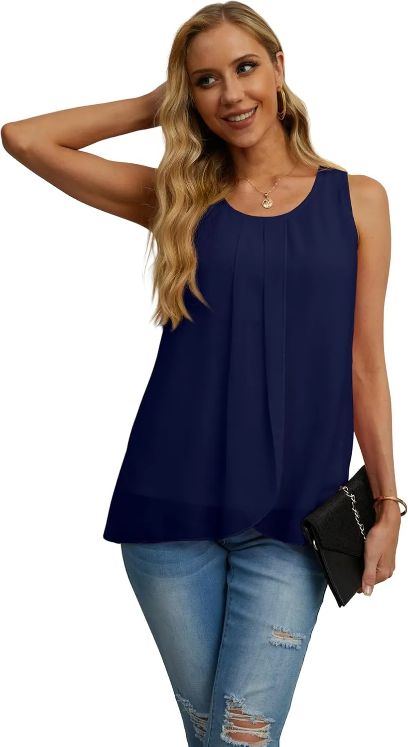 IWOLLENCE Womens Summer Tank Tops Sleeveless Chiffon Double Layers Blouse Loose Round Neck Casual Shirts