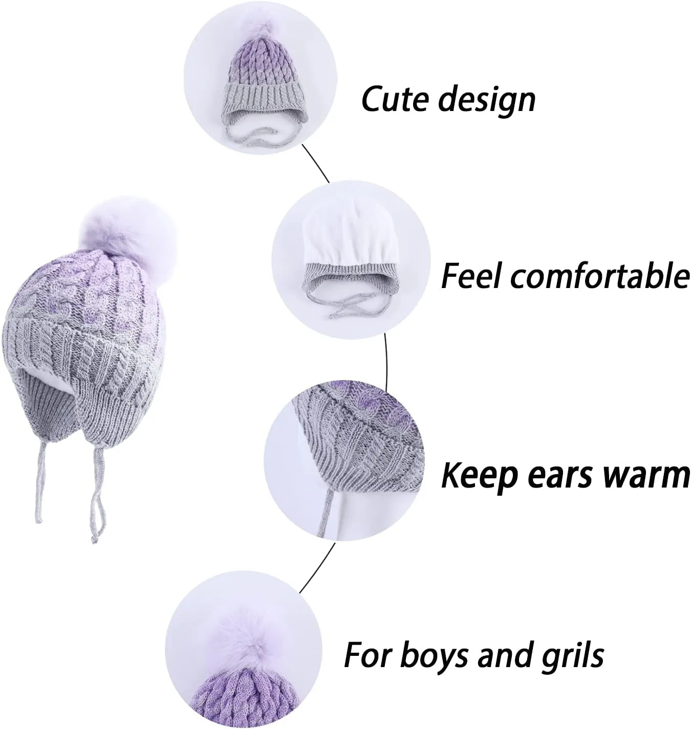 LANGZHEN Winter Warm Knitted Baby Hats for Girls Pom Pom Kid Toddler Boys Beanies Cap with Fleece Lining