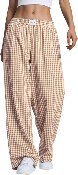 LOMON Women's Striped Gingham Boxer Pants Cotton Pajama Lounge Pj Casual Plaid Trousers Y2K Beach Bottoms with Pockets