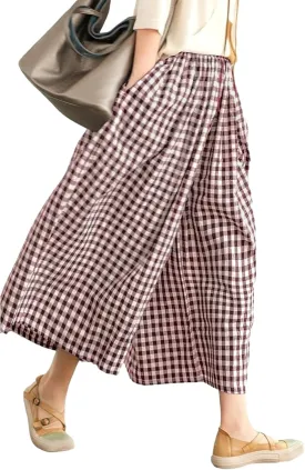 LOMON Womens Wide Leg Capri Pants Cotton Gingham Plaid Culottes Summer Elastic Waist Palazzo Trousers Bottoms with Pockets