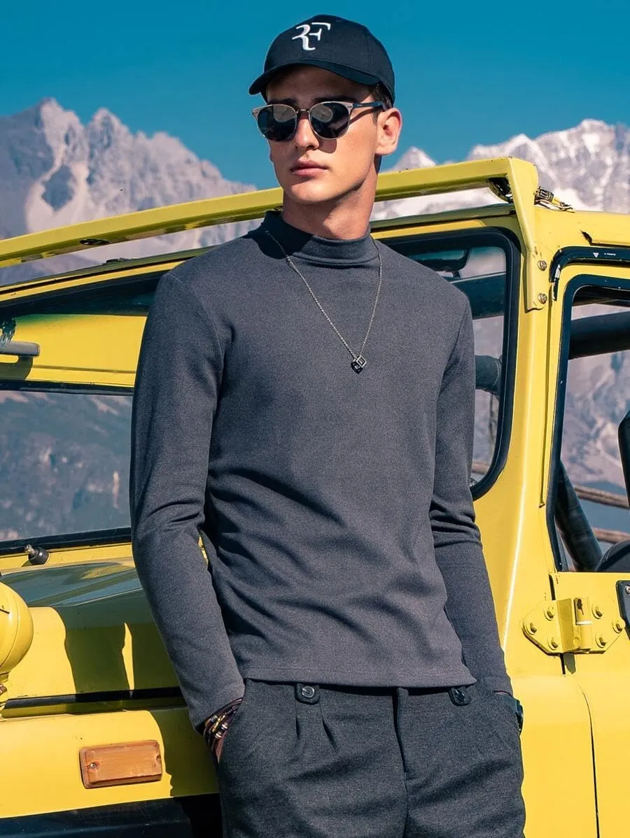 Mens Mock Turtleneck T-Shirts Long Sleeve Basic Undershirt Pullover Top
