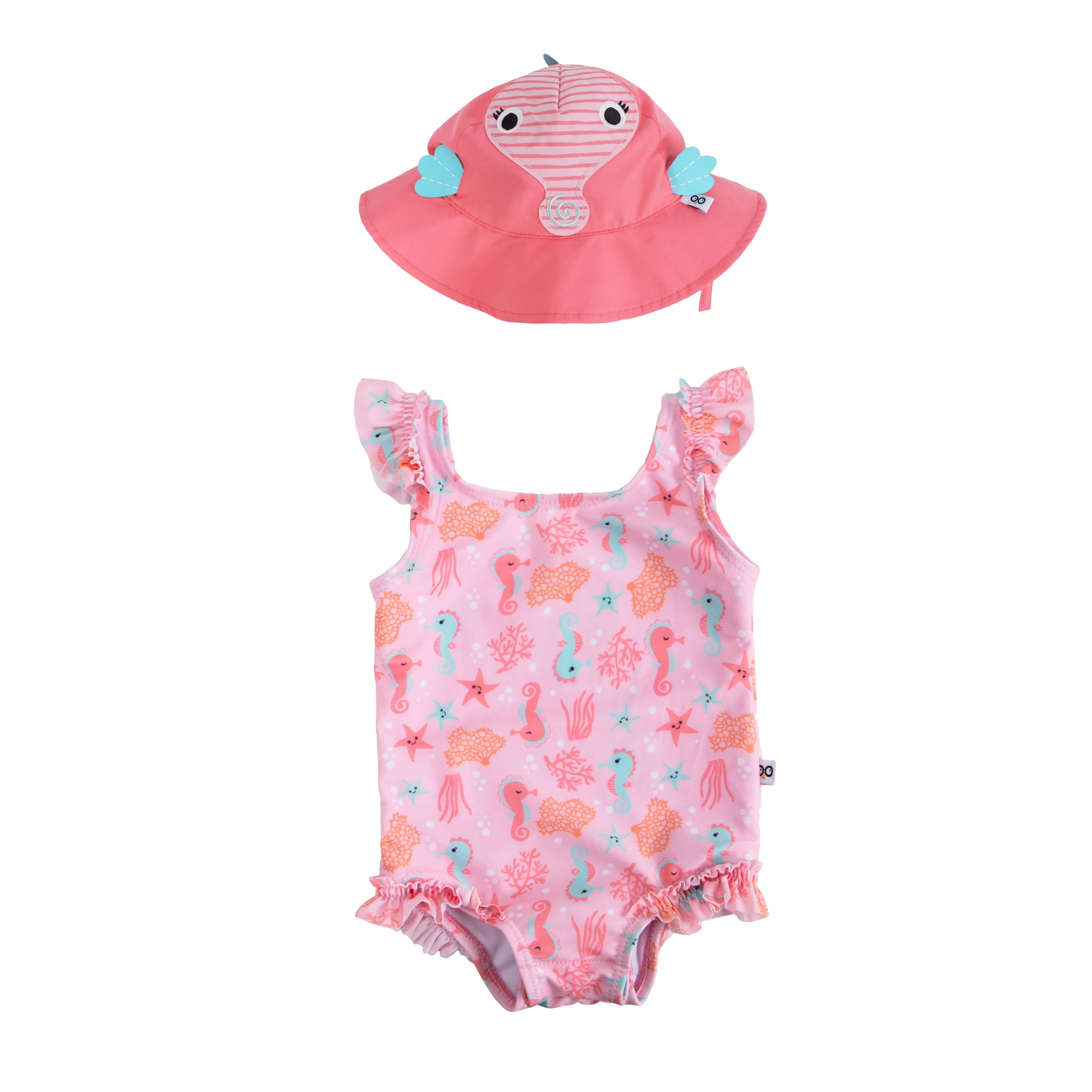 Ruffled Swimsuit   Sunhat 2pc Set Seahorse