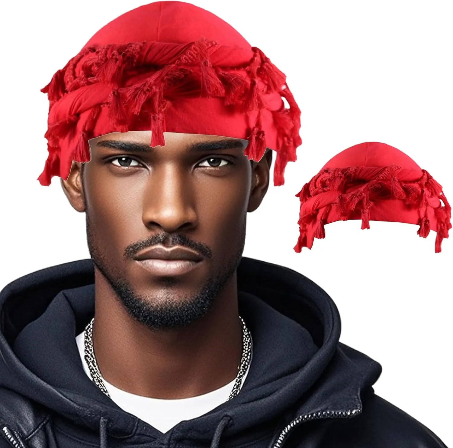 Turban Head Wraps for Men Skull Cap Halo Turban Pre-Tied Tassels Men Satin Lined Turban Hat with Fringe Twisted Tail