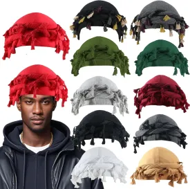 Turban Head Wraps for Men Skull Cap Halo Turban Pre-Tied Tassels Men Satin Lined Turban Hat with Fringe Twisted Tail