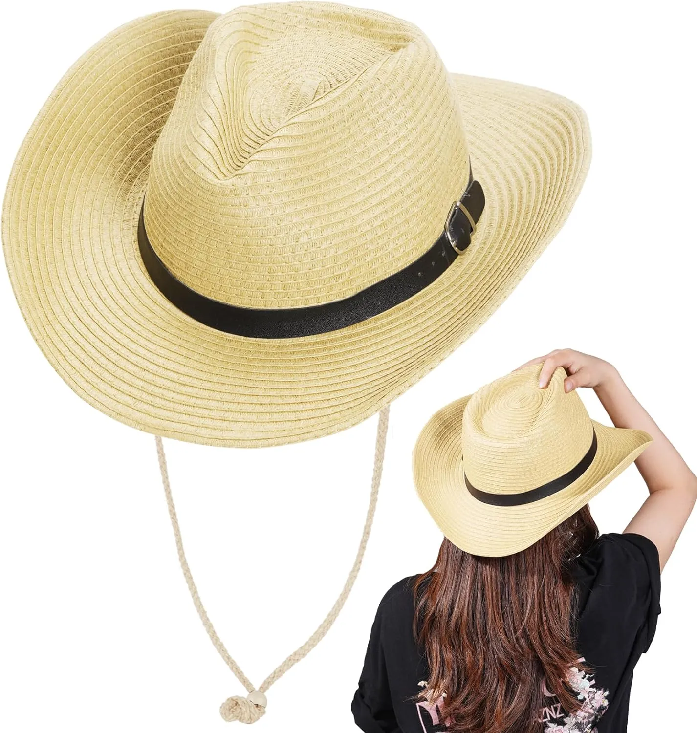 Unisex Straw Cowboy Hats for Women and Men Western Beach Cowboy Sun Hat Wide Brim Cap for Beach, Halloween, Partie