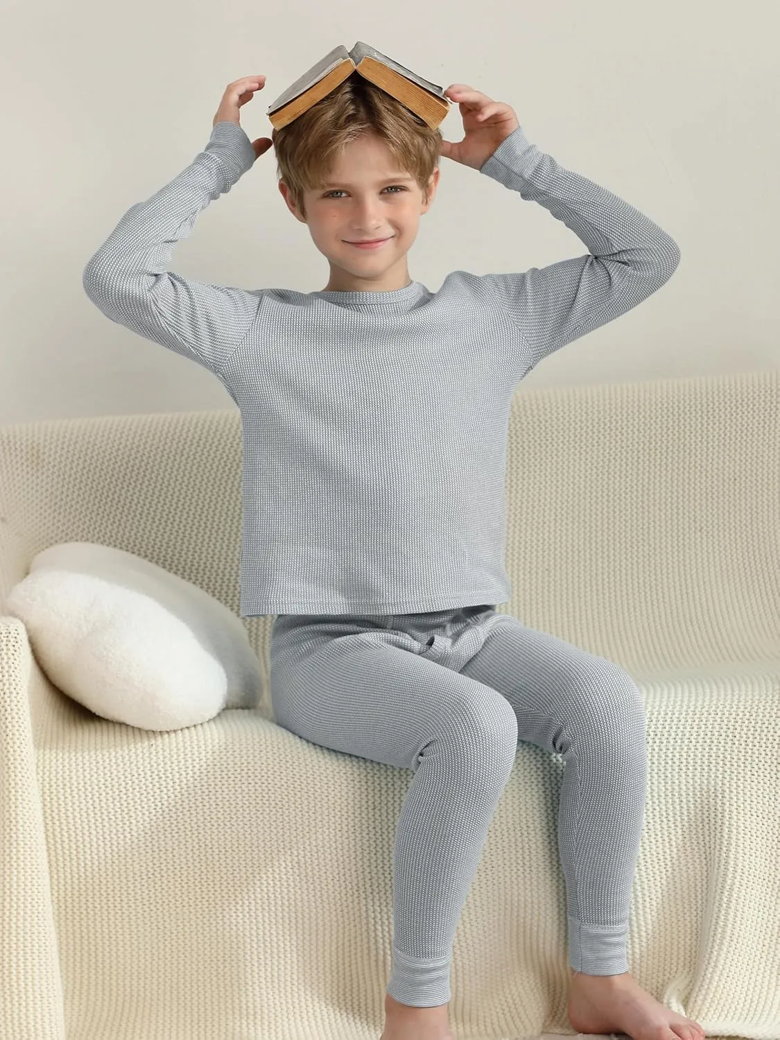 VZV Kids Thermal Underwear Set, Boys Waffle Thermal Underwear Set Long Sleeve Top and Bottom for Skiing, Cold Weather