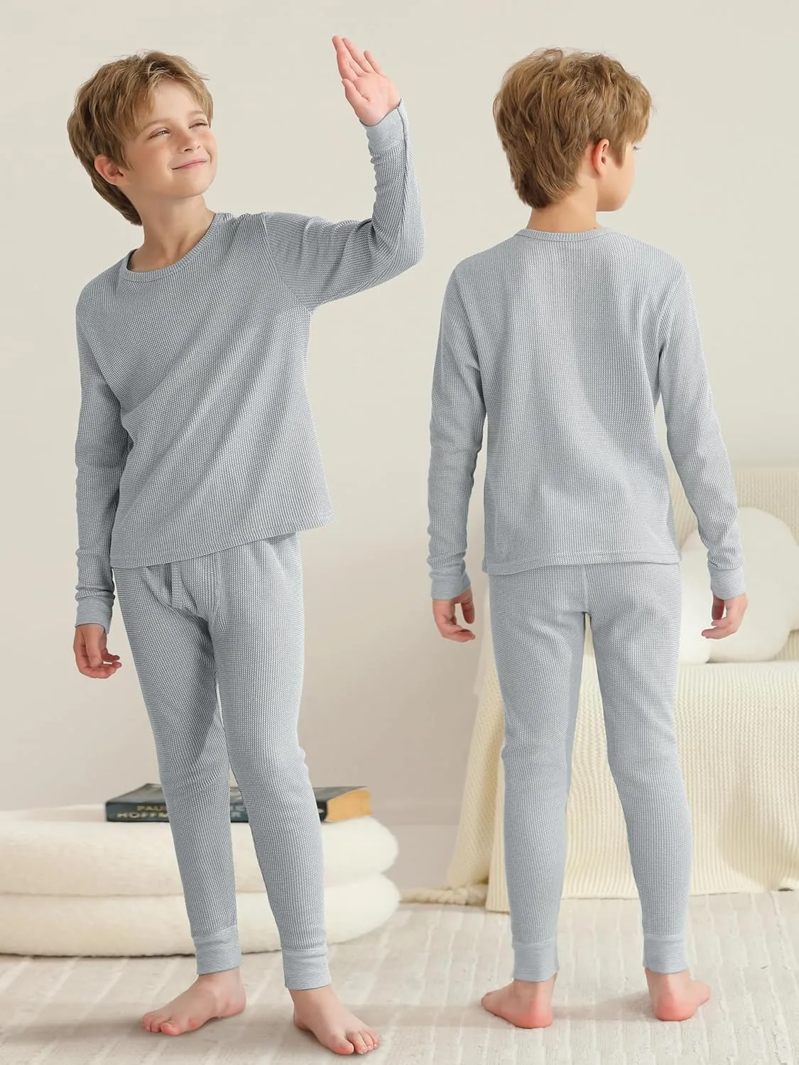 VZV Kids Thermal Underwear Set, Boys Waffle Thermal Underwear Set Long Sleeve Top and Bottom for Skiing, Cold Weather