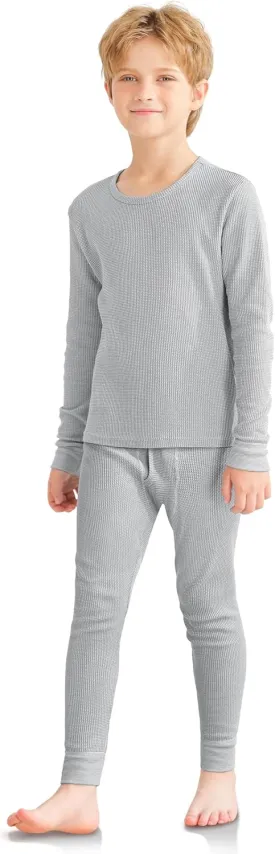VZV Kids Thermal Underwear Set, Boys Waffle Thermal Underwear Set Long Sleeve Top and Bottom for Skiing, Cold Weather