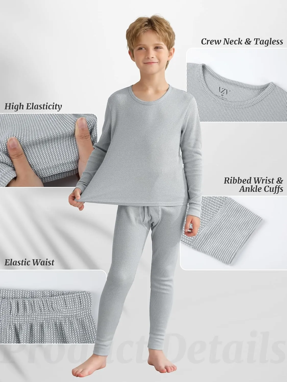 VZV Kids Thermal Underwear Set, Boys Waffle Thermal Underwear Set Long Sleeve Top and Bottom for Skiing, Cold Weather