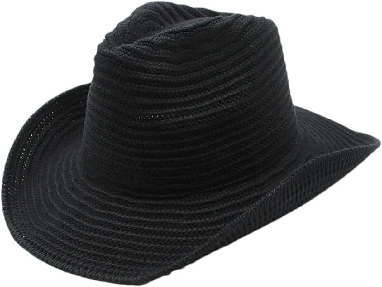 Women Men Western Cowboy Hat Jazz Top Hat Knitted Big Brim Felt Cap Trilby Wide Brim Fedora Outdoor Sun Hat