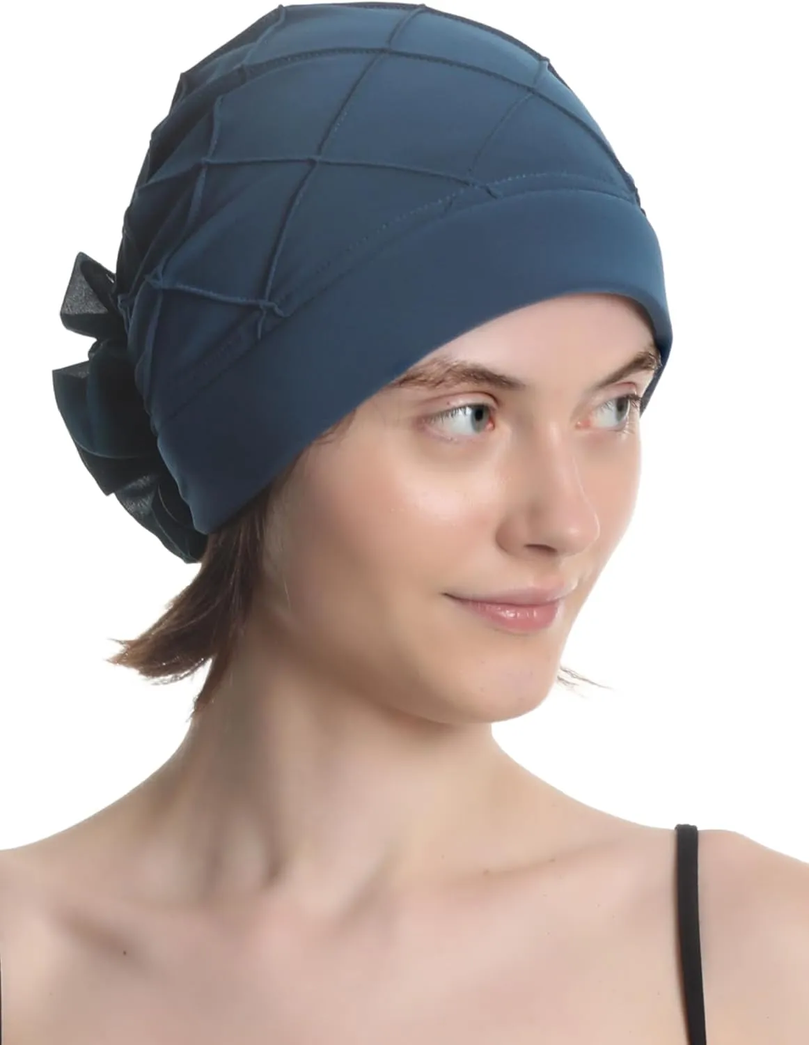 Women's Check-Pattern Practical Hat for Chemo, Hair Loss, Alopecia, with Pretty Chiffon Flower Detail