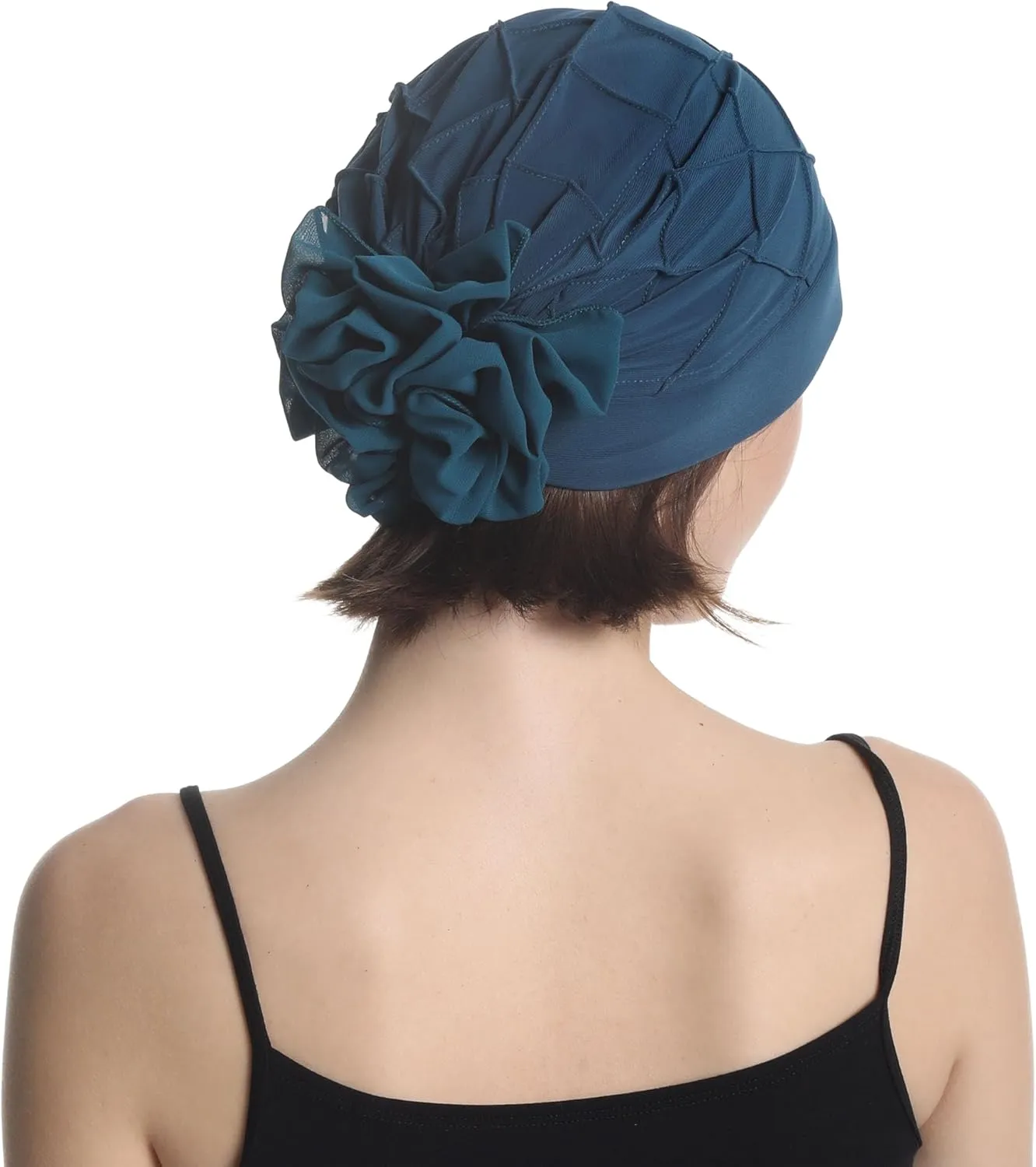 Women's Check-Pattern Practical Hat for Chemo, Hair Loss, Alopecia, with Pretty Chiffon Flower Detail