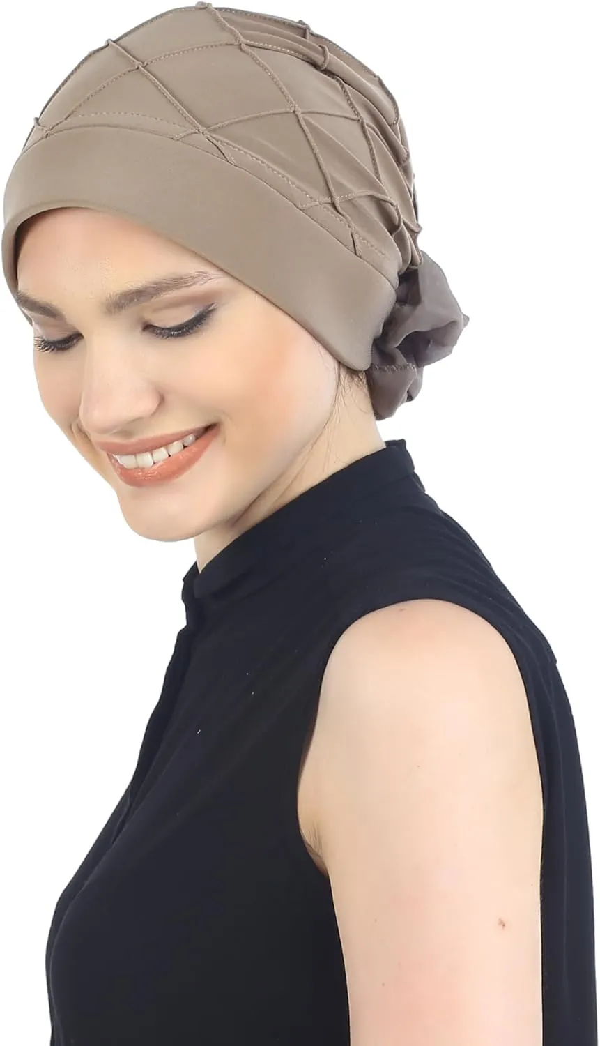 Women's Check-Pattern Practical Hat for Chemo, Hair Loss, Alopecia, with Pretty Chiffon Flower Detail