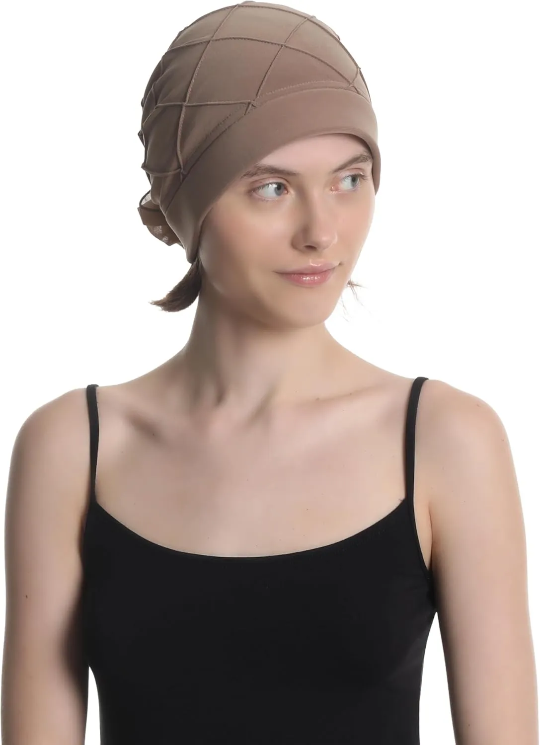 Women's Check-Pattern Practical Hat for Chemo, Hair Loss, Alopecia, with Pretty Chiffon Flower Detail