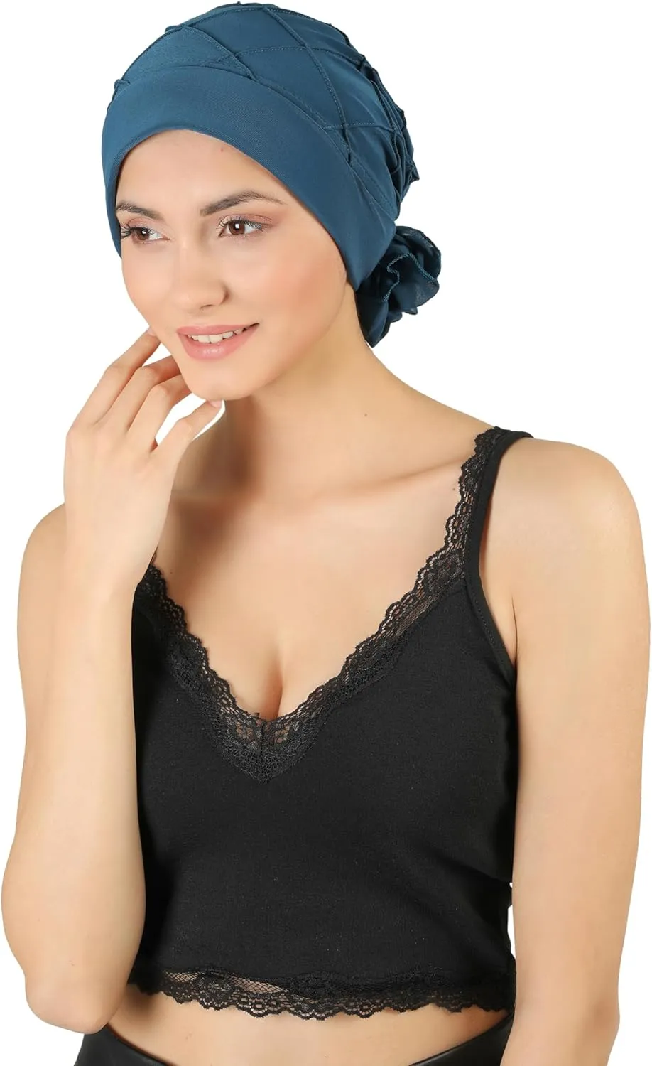 Women's Check-Pattern Practical Hat for Chemo, Hair Loss, Alopecia, with Pretty Chiffon Flower Detail