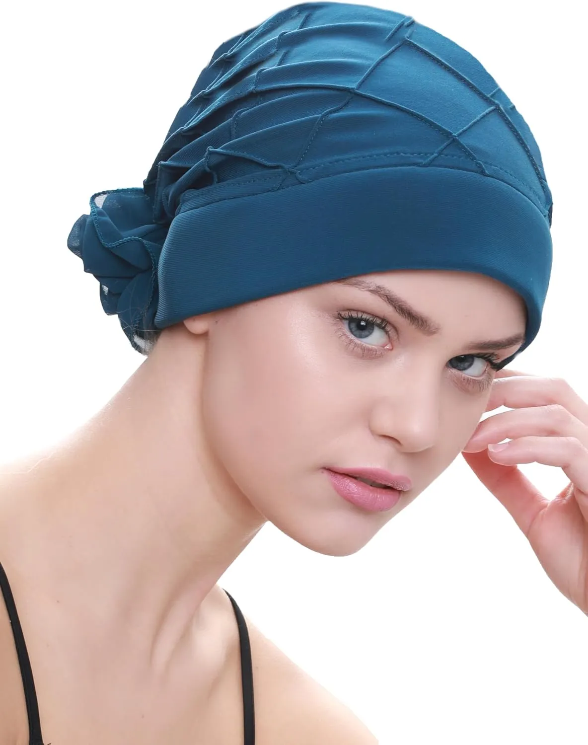 Women's Check-Pattern Practical Hat for Chemo, Hair Loss, Alopecia, with Pretty Chiffon Flower Detail