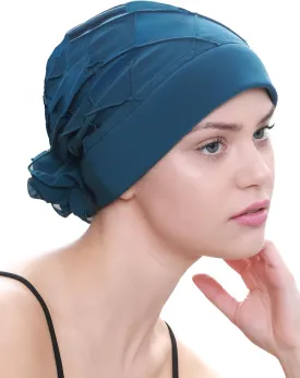 Women's Check-Pattern Practical Hat for Chemo, Hair Loss, Alopecia, with Pretty Chiffon Flower Detail