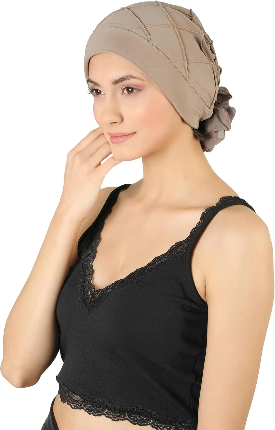 Women's Check-Pattern Practical Hat for Chemo, Hair Loss, Alopecia, with Pretty Chiffon Flower Detail