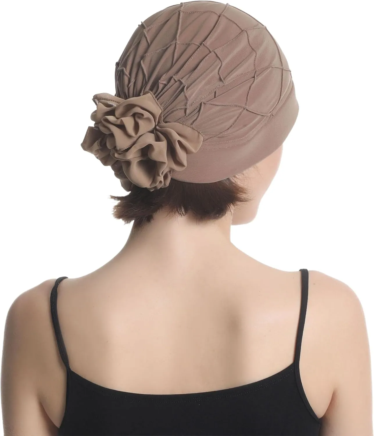Women's Check-Pattern Practical Hat for Chemo, Hair Loss, Alopecia, with Pretty Chiffon Flower Detail