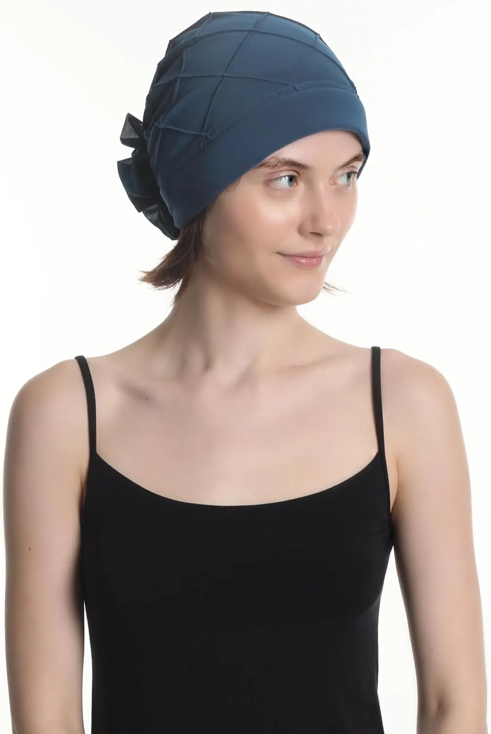 Women's Check-Pattern Practical Hat for Chemo, Hair Loss, Alopecia, with Pretty Chiffon Flower Detail