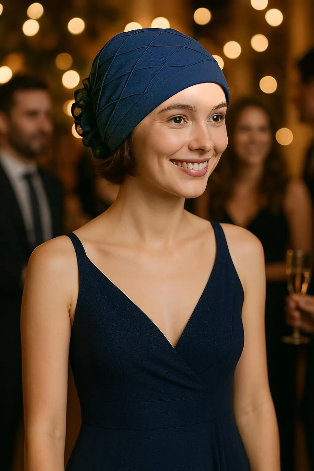 Women's Check-Pattern Practical Hat for Chemo, Hair Loss, Alopecia, with Pretty Chiffon Flower Detail