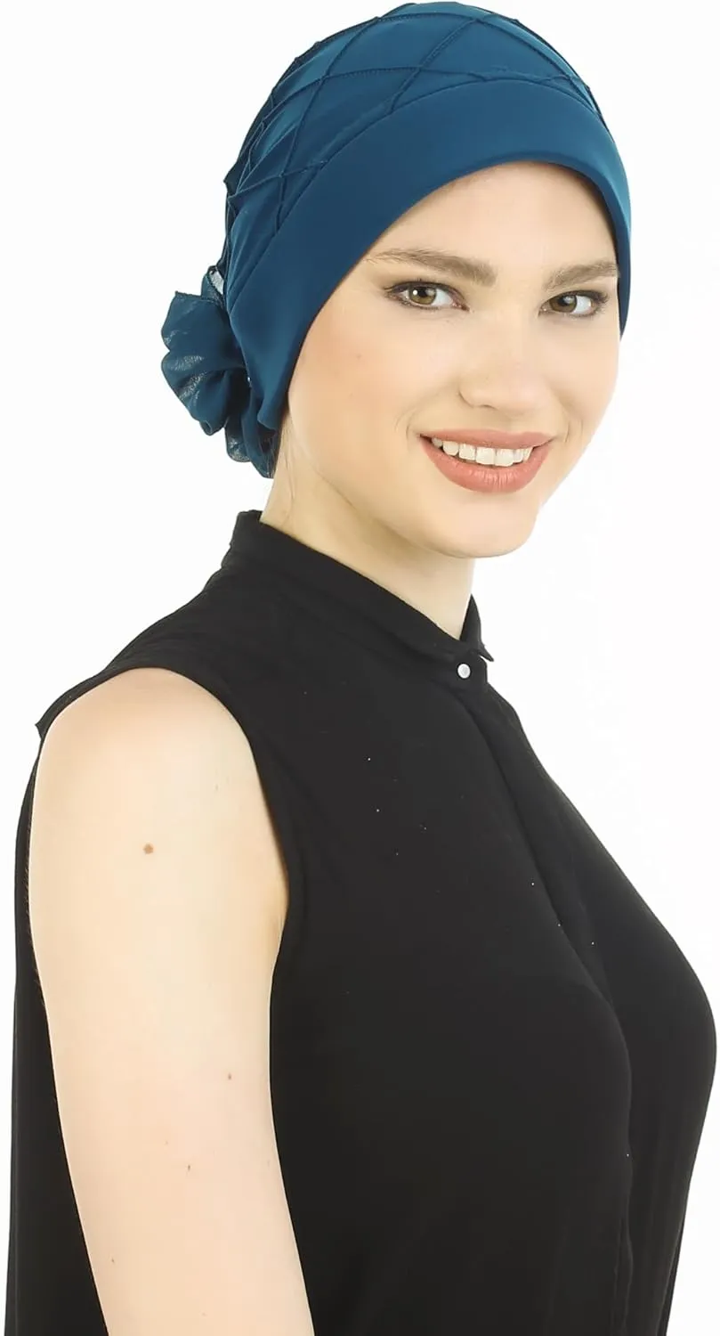 Women's Check-Pattern Practical Hat for Chemo, Hair Loss, Alopecia, with Pretty Chiffon Flower Detail