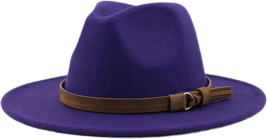 Women's Wool Fedora Hat With Leather Ribbon Winter Autumn Wide-Brimmed Jazz Hat purple 58-61CM