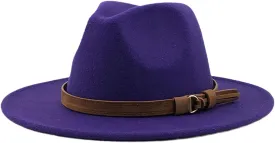 Women's Wool Fedora Hat With Leather Ribbon Winter Autumn Wide-Brimmed Jazz Hat purple 58-61CM