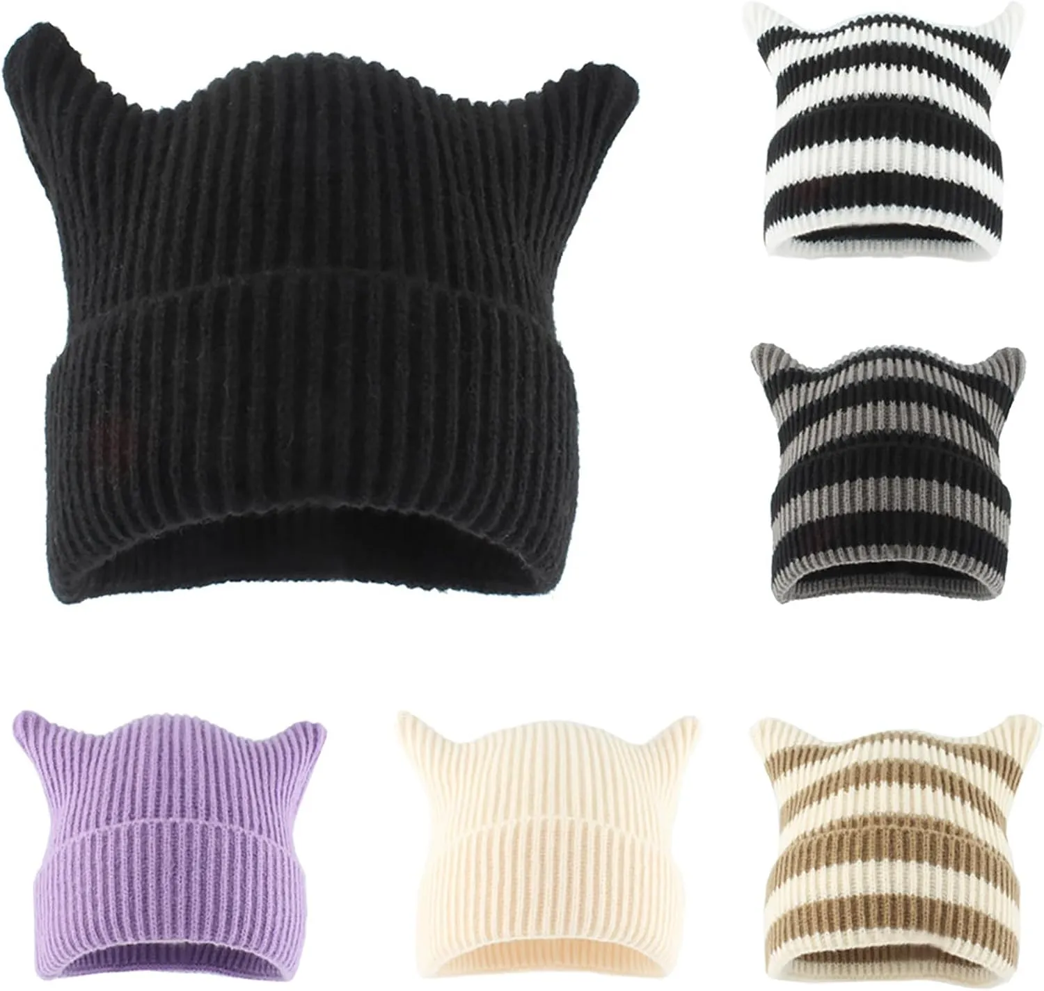 yolrdiw Y2k Emo Accessories Grunge Clothes 3 Piece Funny Cat Ear Hat Striped Crochet Beanie